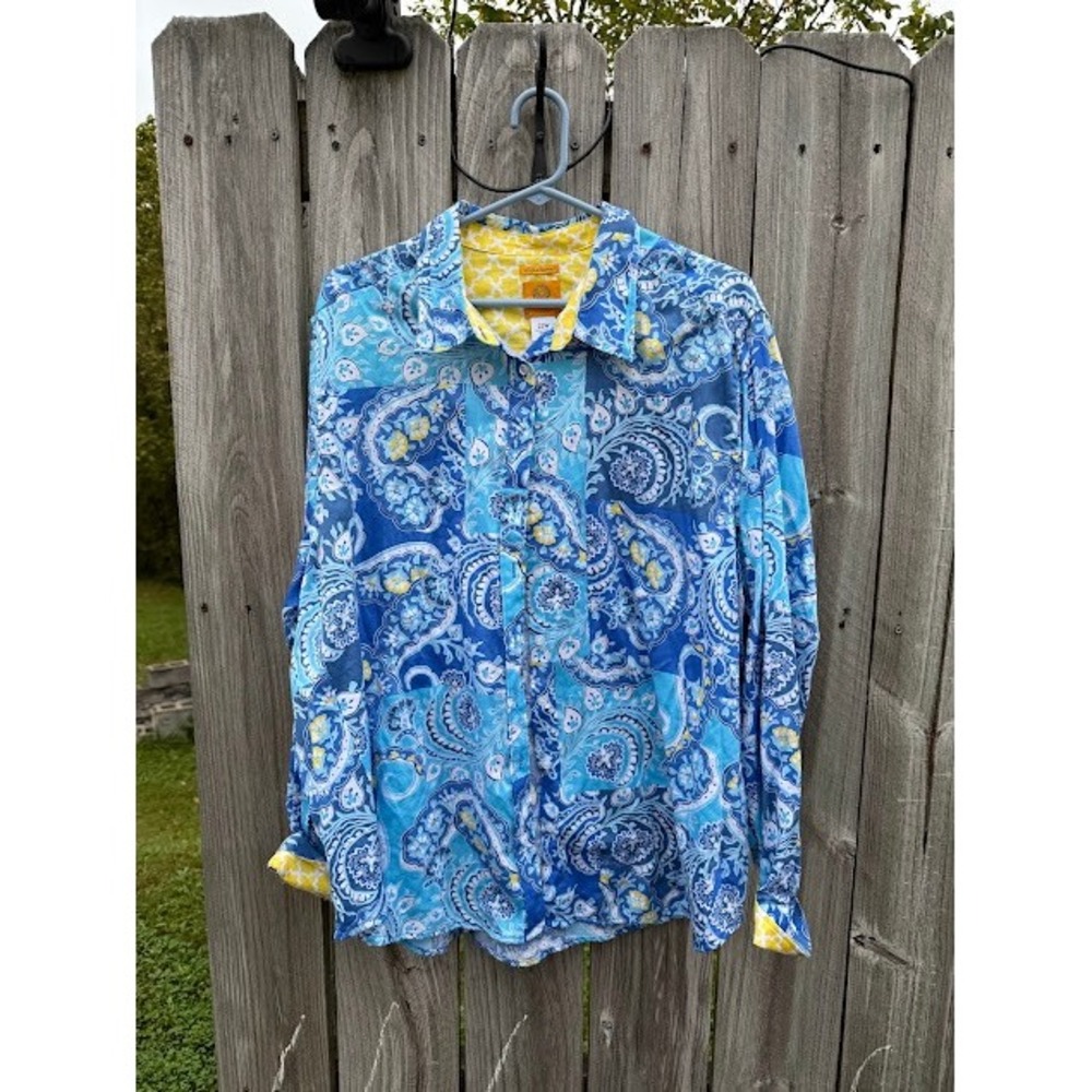Boho Paisley Ruby Rd Button Up Shirt 22W Blue Patchwork Cotton Wrinkle Resistant